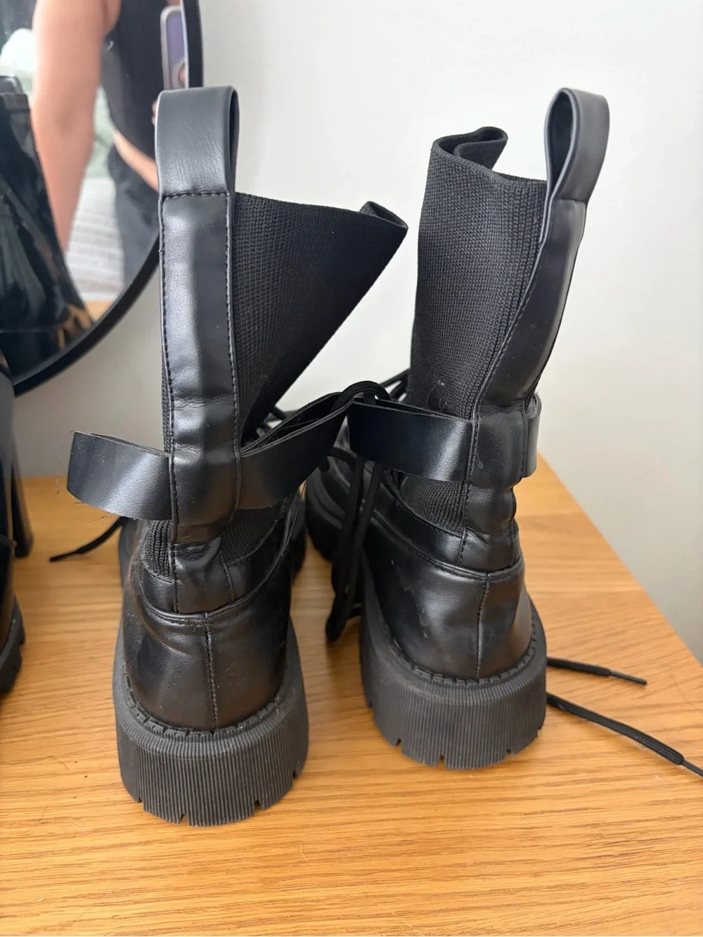 Black Lug Sole Combat Boot with Knit Shaft